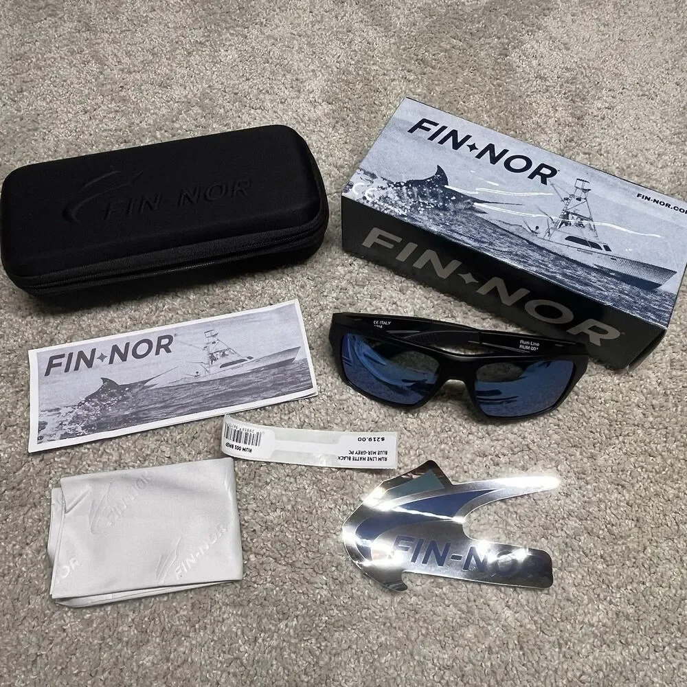 NEW Fin-Nor Rum Line Polarized Sunglasses Matte Black Mirrored Blue Lens w/ Case